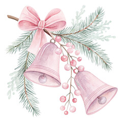 Watercolor painting of two pink Christmas bells with delicate floral White Background