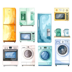 Watercolor illustration of various household kitchen and laundry appliances.