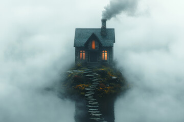 House on lake, enveloped in fog.