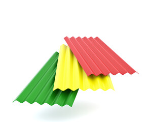 stack of colored paper. 3d render of corrugated steel roof panels in green, yellow, and red, isolated on white background, construction materials for housing, roofing, and modern architectural 