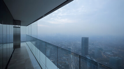 Fototapeta premium Balcony view overlooking a city with fog or smog on a cloudy day.