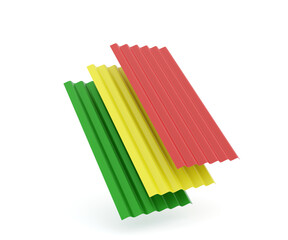 colored pencils isolated on white. 3d render of corrugated steel roof panels in green, yellow, and red, isolated on white background, construction materials for housing, roofing, building, and modern 