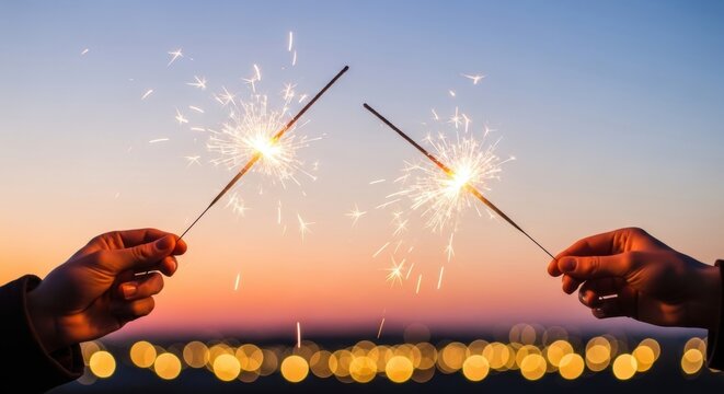 Two hands holding sparklers against a colorful sunset sky with blurred city lights below them - Powered by Adobe