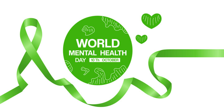 October 10th is World Mental Health Day. Earth, love and  green ribbon. Suitable for posters, banners and social media. White background.