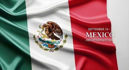 Waving mexican flag with eagle emblem and text mexico