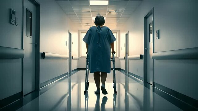 Elderly Patient Walks with Walker in Hospital Corridor