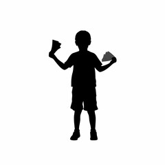 Silhouette of a boy holding unpaid bill papers isolated on white background