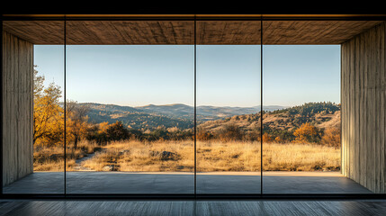 Fototapeta premium Window view of hills and autumn foliage from a wooden structure.