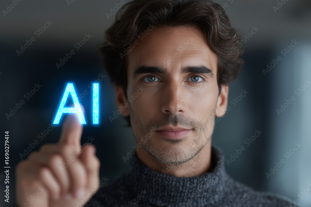 Poster a man is pointing at the letters ai on a screen