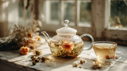 Fototapeta premium Elegant Tea Time - Glass Teapot and Cup by the Window.