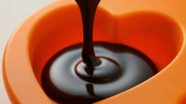 Chocolate Batter Dripping From The Spoon Down To The Orange Heart-Shaped Mould - Closeup Shot