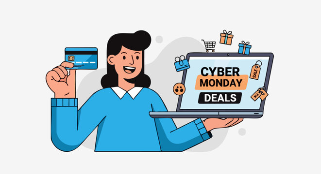 A Woman Holding a Credit Card and a Laptop Displaying Cyber Monday Deals