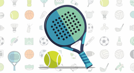 A Padel Racket and Ball with a Sports-Themed Background