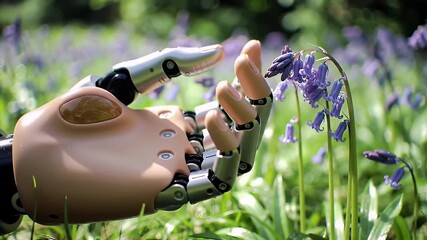 Close Up of Bionic Hand Gently Touching Purple Flowers in a Verdant Meadow