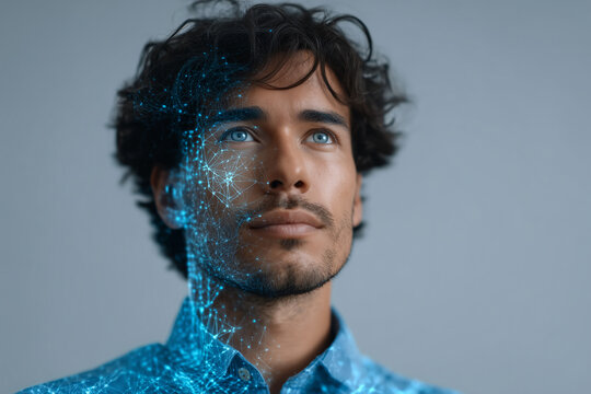 A man with a blue shirt and blue eyes looking up at the camera