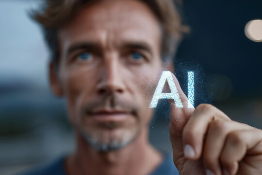 A man is holding up a hand with the letters AI on it