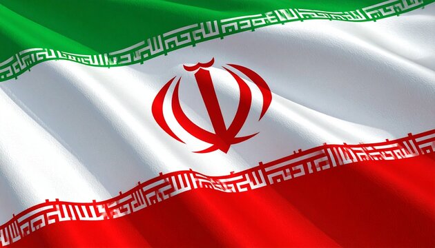 Close-up of Iranian national flag showing detailed red emblem and decorative green and red border patterns on white background.