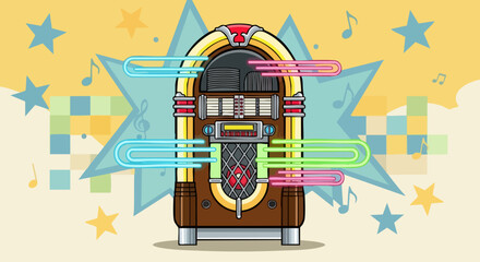 Retro jukebox with glowing neon lights and musical notes on a colorful background