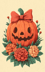 vintage halloween illustration with pumpkin jack o lantern, floral decoration and bow, retro holiday artwork for posters, cards, and seasonal design