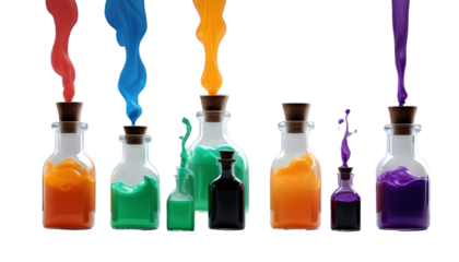 An assortment of bottles with various colored liquids, complemented by Halloween decorations like bats and carved pumpkins
