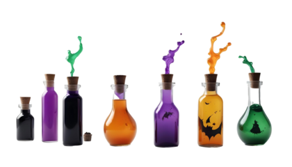 A display of bottles containing vibrant liquids, surrounded by Halloween-themed decor like ghosts and jack-o'-lanterns