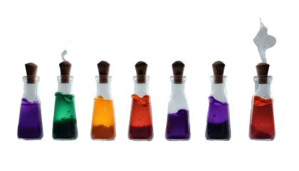 Bottles filled with colorful liquids, set against a spooky Halloween backdrop with decorations like bats and skeletons