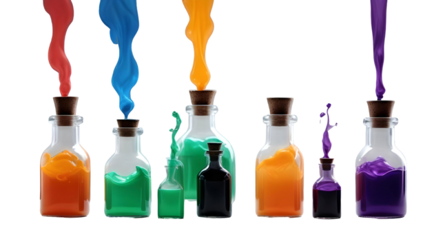 An assortment of bottles with various colored liquids, complemented by Halloween decorations like bats and carved pumpkins