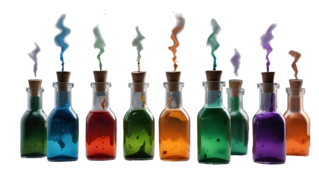 Colored liquid-filled bottles, featuring a Halloween theme with spooky elements like spider webs and skeletons