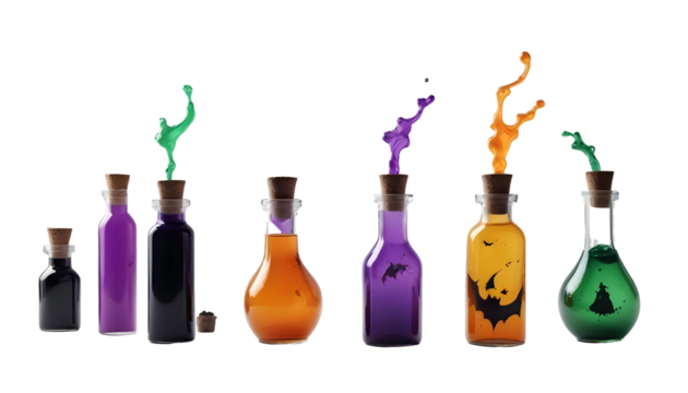 A display of bottles containing vibrant liquids, surrounded by Halloween-themed decor like ghosts and jack-o'-lanterns