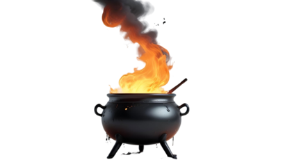 A bubbling cauldron with flames rising, set against a transparent backdrop of Halloween decorations and spooky elements