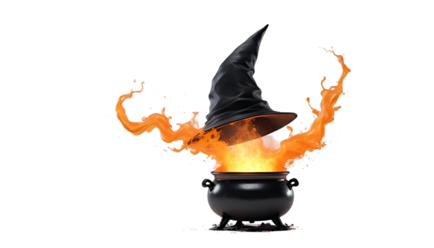 A cauldron emitting flames, symbolizing witchcraft, amidst a festive Halloween scene filled with spooky decorations
