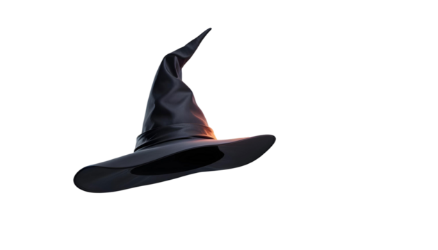 A black witch hat displayed on a transparent background, representing the eerie spirit of Halloween and spooky season