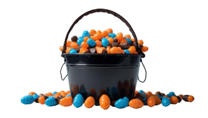A bowl brimming with candy corn on a transparent backdrop, capturing the essence of Halloween and spooky celebrations