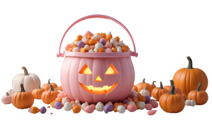 A vibrant pumpkin filled with candy and spoons, decorated with spooky elements like ghosts and a haunted house backdrop