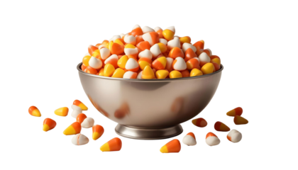 A bowl filled with colorful candy corn against a transparent background, evoking Halloween and spooky season vibes