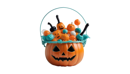 A jack-o'-lantern overflowing with candy and spoons, surrounded by Halloween-themed decorations like bats and spider webs
