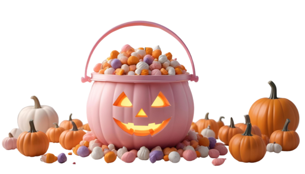 A vibrant pumpkin filled with candy and spoons, decorated with spooky elements like ghosts and a haunted house backdrop