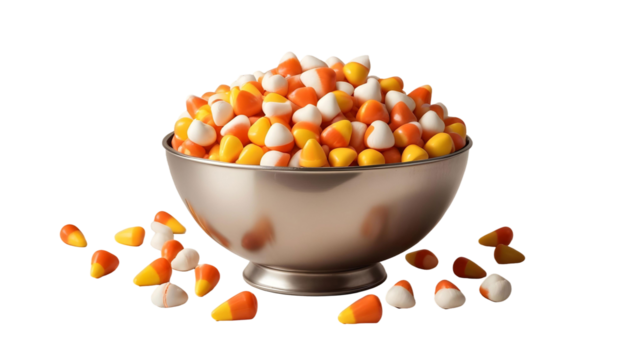 A bowl filled with colorful candy corn against a transparent background, evoking Halloween and spooky season vibes