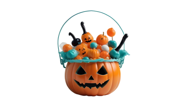 A jack-o'-lantern overflowing with candy and spoons, surrounded by Halloween-themed decorations like bats and spider webs - Powered by Adobe