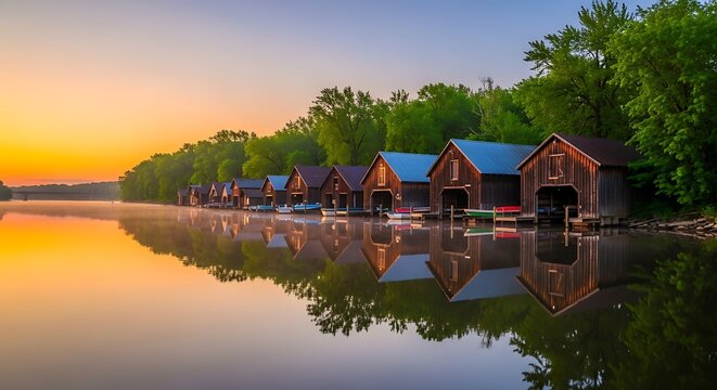 Sunrise over Calm Lake with Colorful Boathouses.