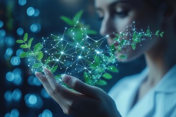 A woman holds glowing green leaves, reflecting on nature in a futuristic twilight