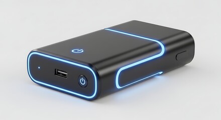 Modern power bank with blue led lighting and power button design