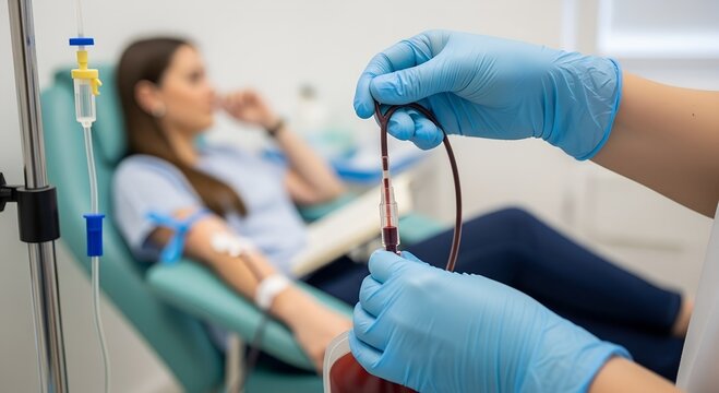 Healthcare professional collecting blood from young woman donating blood  