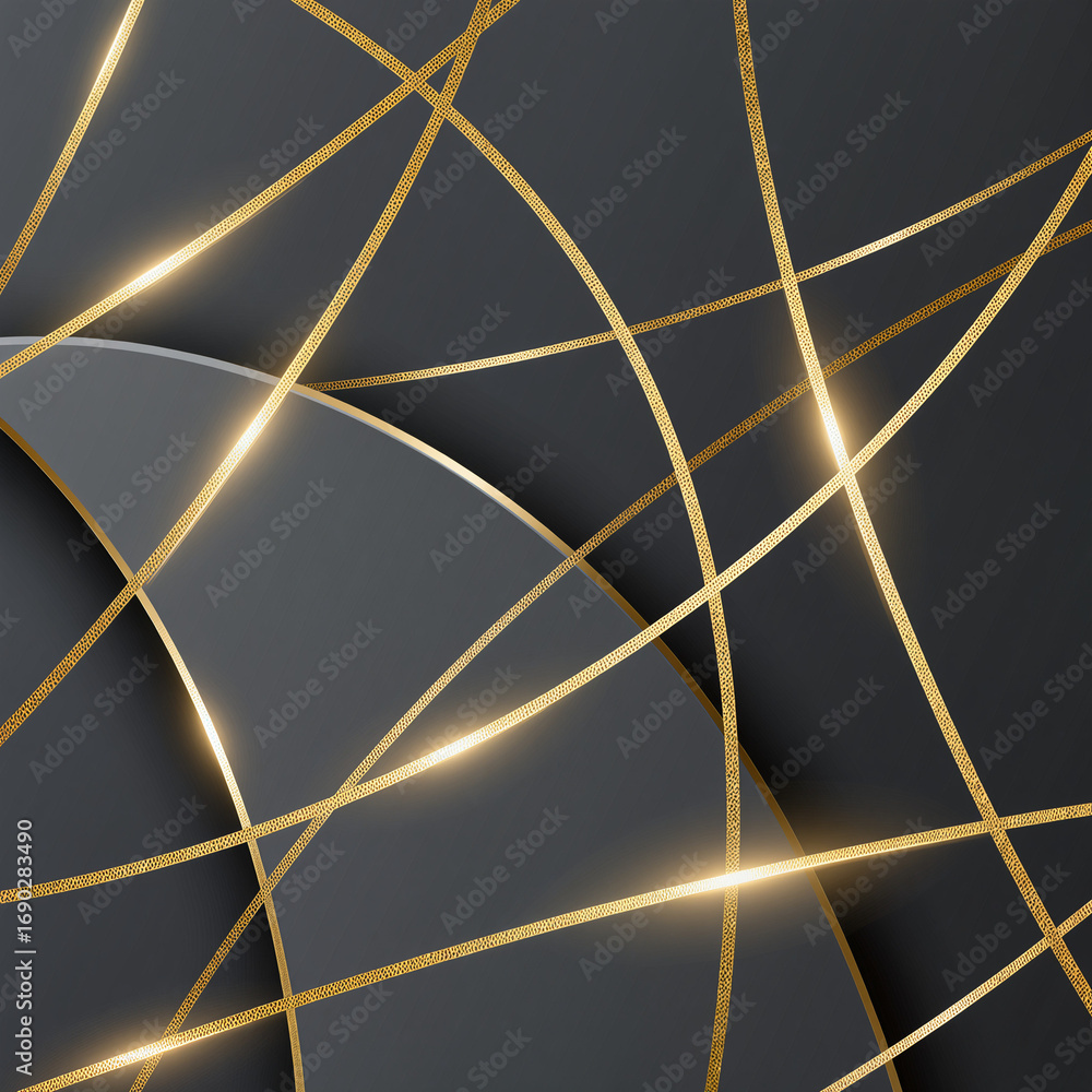 Poster intricate golden lines crisscross over a dark backdrop, forming an abstract pattern that highlights 