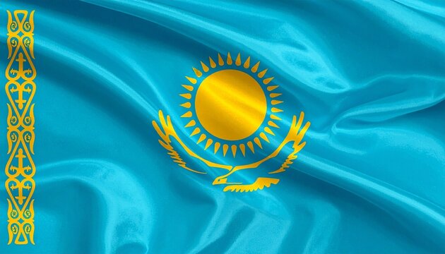 Close-up of Kazakhstan national flag with sun, eagle, and traditional pattern on blue fabric waving. - Powered by Adobe