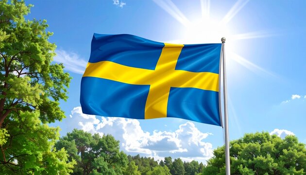 Close-up of the Swedish national flag with yellow cross on blue fabric waving in the wind. - Powered by Adobe