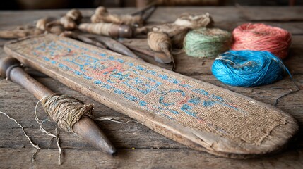 A still life depicts antique bobbin lace tools and colorful threads resting on weathered wood, evoking a sense of traditional craft and forgotten artistry, captured in soft light.