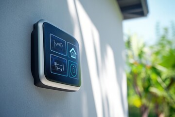 Smart home control panel mounted on an exterior wall in a garden setting