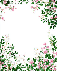 Fototapeta premium Delicate pink and white flowers with lush green leaves form decorative border on white background, creating fresh and elegant frame. Perfect for invitations or announcements