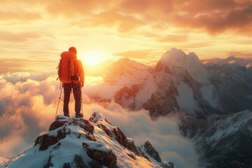 A lone hiker stands on a snowy mountain peak during sunset, admiring the breathtaking view of the surrounding landscape